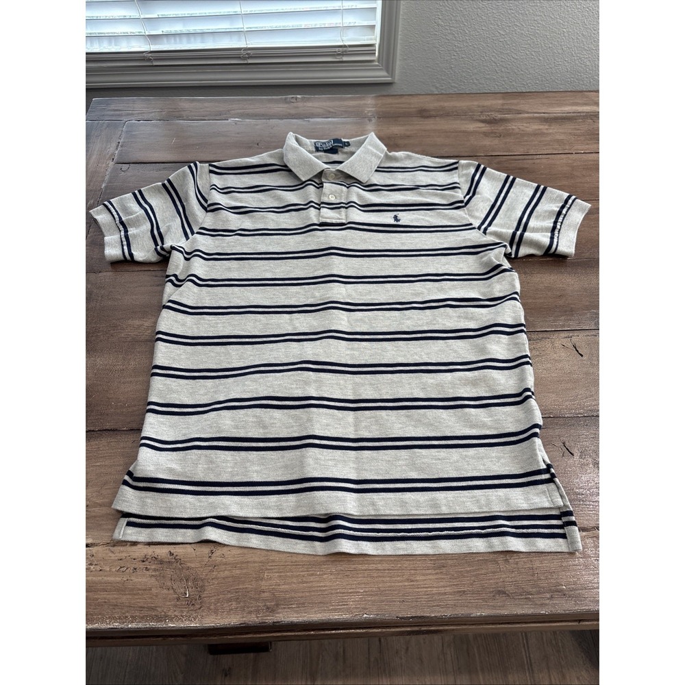 POLO RALPH LAUREN Shirt Mens L Polo Striped Pique Cotton Gray /Navy Striped